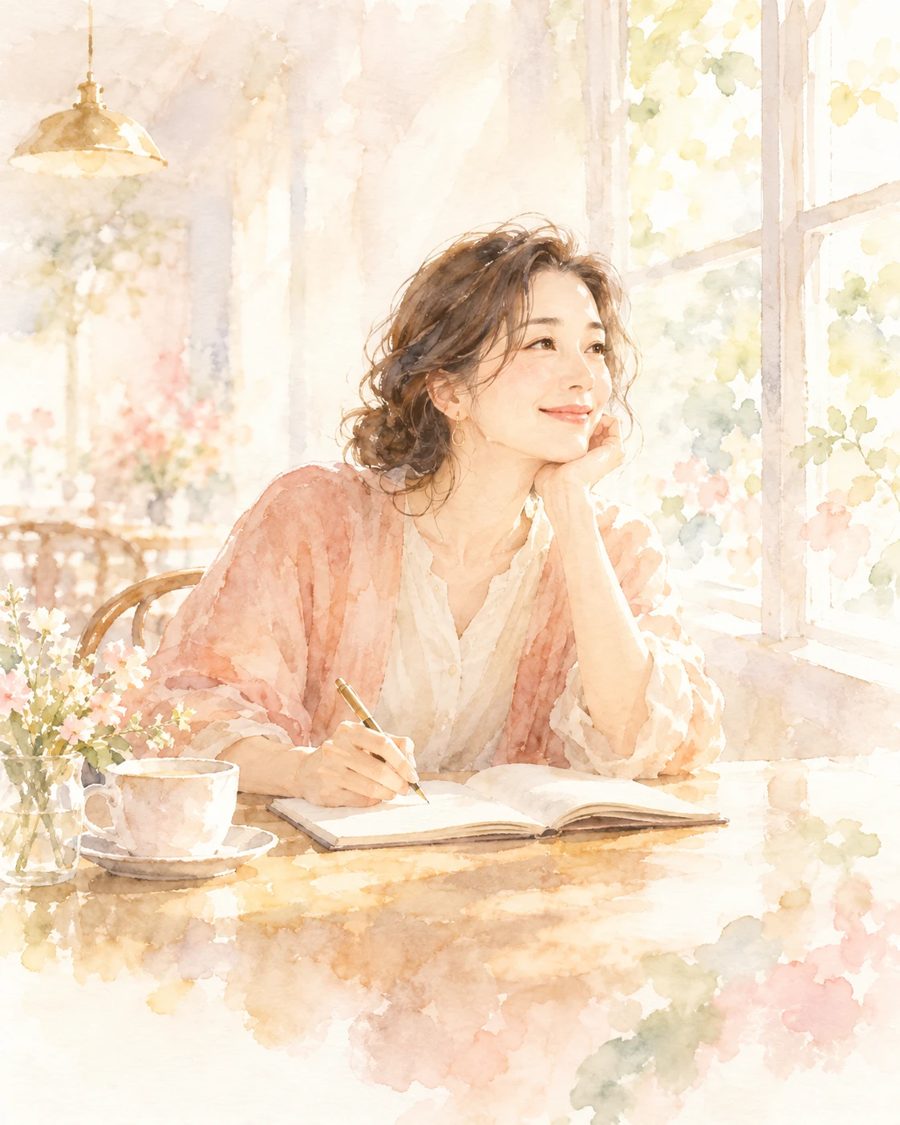 朝の光の窓辺で、ノートを書きながらほほえむ女性